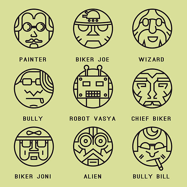 Set of icons with characters Set of icons with characters. Bike, artist, alien, mafia, painter, abstract, magician, wanderer, roughneck, writer, avatar, creature, profile creation, intellectual. asshole stock illustrations