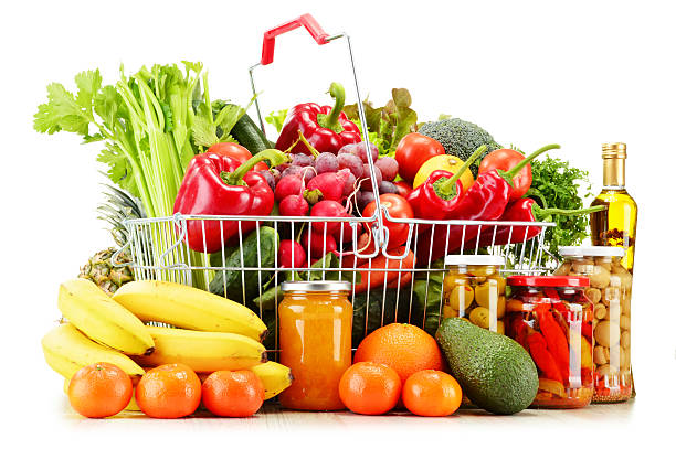istock Wire shopping basket with groceries isolated on white 484341661