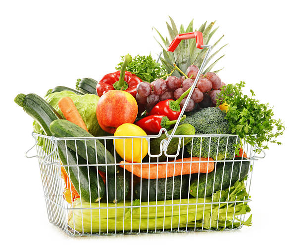 istock Wire shopping basket with groceries isolated on white 484341663