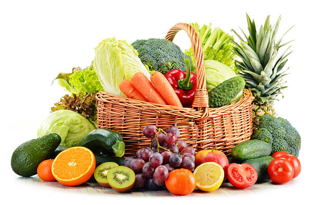 istock Wicker basket with groceries isolated on white 484341677