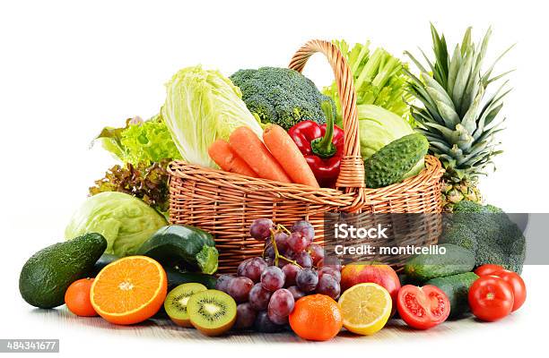 Wicker Basket With Groceries Isolated On White Stock Photo - Download Image Now - Antioxidant, Apple - Fruit, Avocado