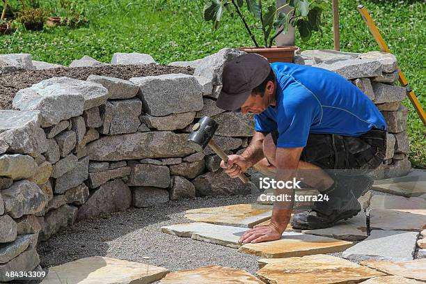 Paver In The Garden With Marble Plates Stock Photo - Download Image Now - Stone - Object, Stone Material, Landscaped