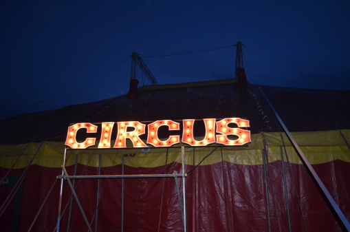 Brightly illuminated circus sign on performance tent.