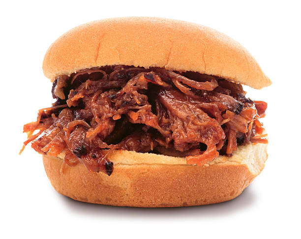 Shredded BBQ Sandwich (PATH) BBQ beef sandwich, isolated on white with clipping path barbecue beef stock pictures, royalty-free photos & images