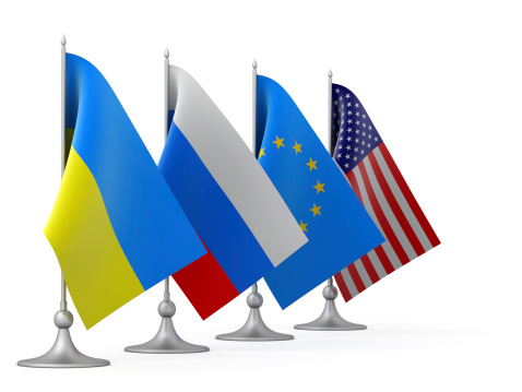 Flags of Usa and Russia on negotiation table close up