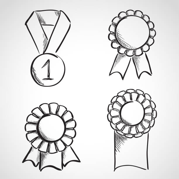 ilustraciones, imágenes clip art, dibujos animados e iconos de stock de conjunto de cintas de premio boceto - medal ribbon incentive award