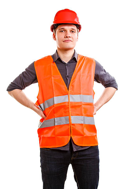istock Man worker in safety vest hard hat. Safety in work. 484346201