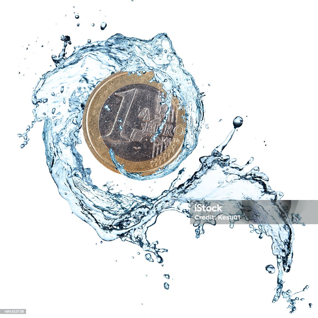 Euro coin with water splash. Euro coin with water splash isolated on white background. Coin Stock Photo