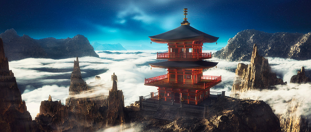 Asian temple on mountain top.