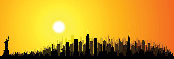 bildbanksillustrationer, clip art samt tecknat material och ikoner med new york (complete, detailed, moveable buildings) - manhattan skyline sunset
