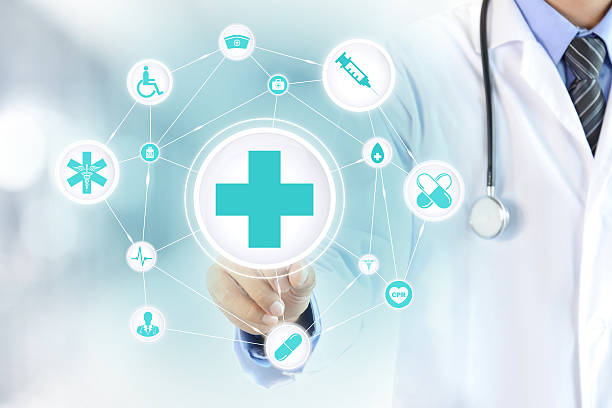 istock Doctor hand touching first aid sign on virtual screen 484361010