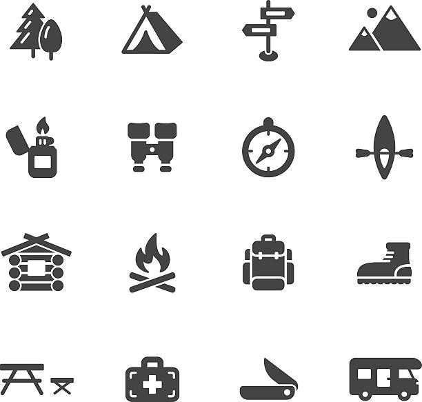 illustrazioni stock, clip art, cartoni animati e icone di tendenza di icone campeggio - camping picnic mountain vector