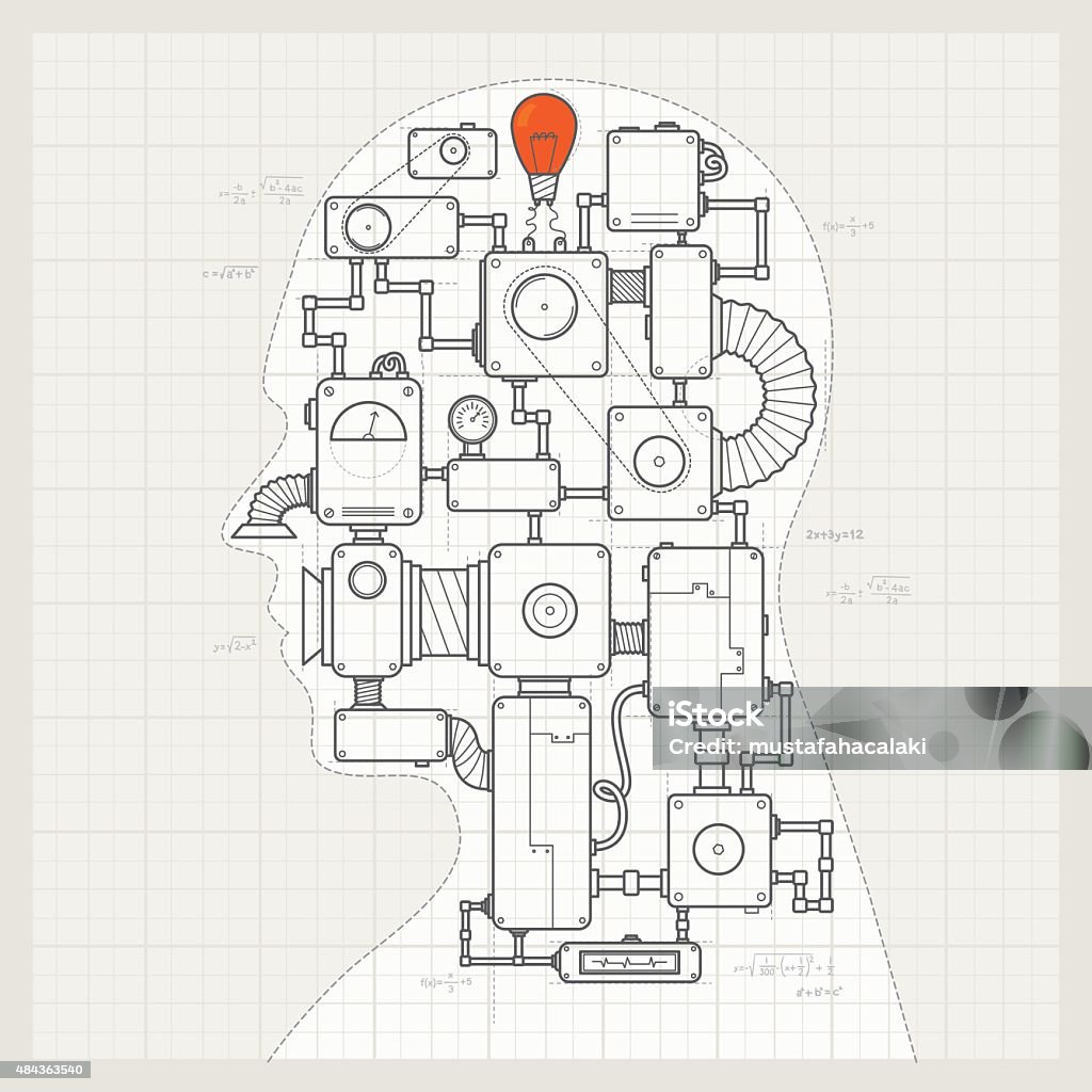 Blueprint of a artifical intelligence machine Blueprint of a detailed artifical intelligence machine project. All design elements are layered and grouped. Intelligence stock vector