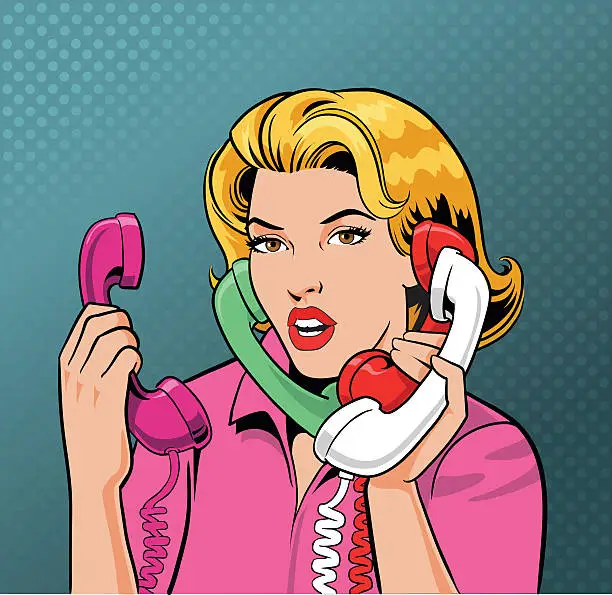Vector illustration of Busy Retro Style Woman Talking on Four Phones