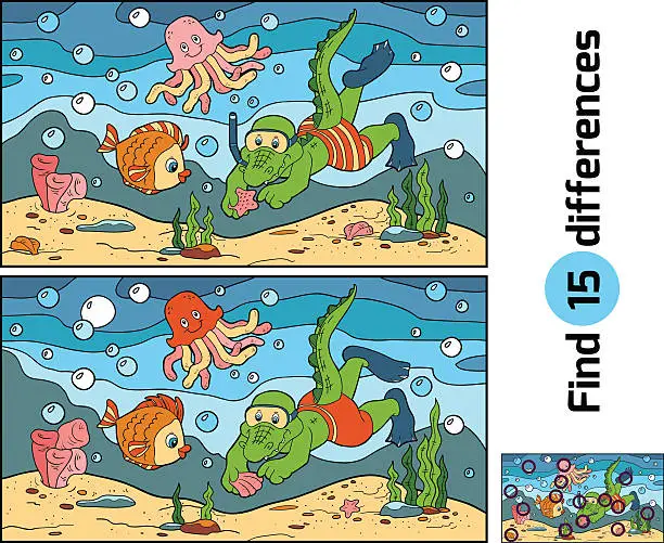 Vector illustration of Education game: find differences (crocodile diver, ocean floor)