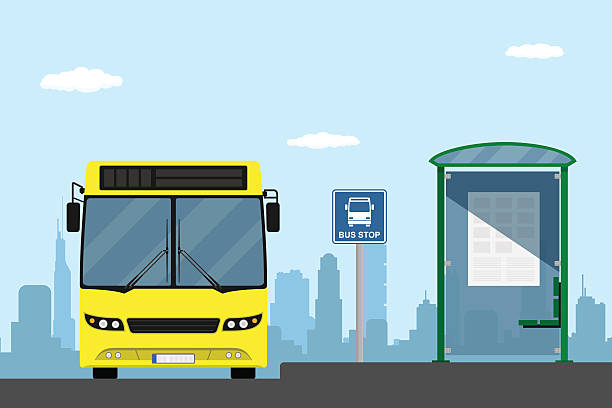 bus stop picture of a yellow city bus on a bus stop, flat style illustration bus shelter stock illustrations
