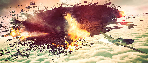 istock Fighter airplane destroying alien mother ship above the clouds 484370366