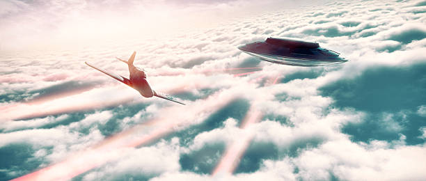 UFO following fighter airplane above the clouds