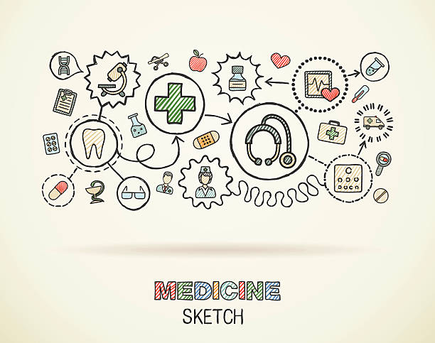 Medicine hand draw integrated doodle icons set. Vector sketch illustration. Medical hand draw integrated icon set on paper. Colorful vector sketch infographic illustration. Connected doodle color pictograms: healthcare, doctor, medicine, science, pharmacy interactive concept emergency plan document stock illustrations