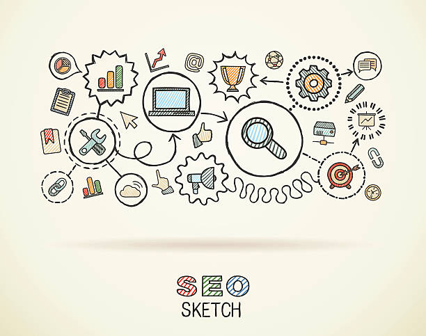 seo hand zeichnen doodle icons set integriert. vektor-skizze illustration. - efficiency finance computer icon symbol stock-grafiken, -clipart, -cartoons und -symbole