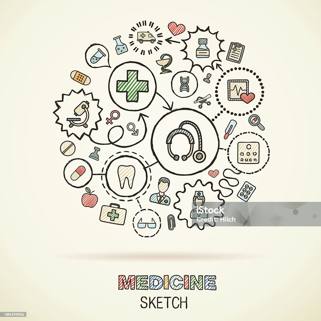 Medicine hand draw connected sketch icons. Vector doodle infographic illustration Medical hand drawing connected icons. Vector doodle interactive pictogram set. Sketch concept illustration on paper: Healthcare, health, care, medicine, pharmacy, social. Abstract background. Vector infographic. Healthcare And Medicine stock vector