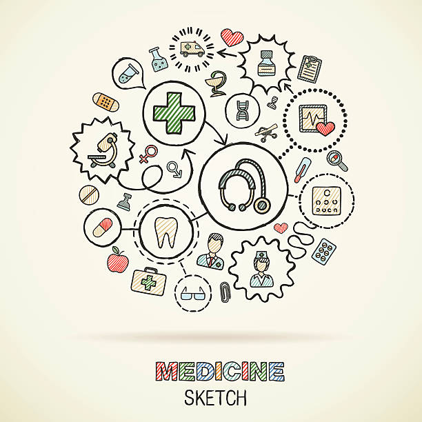 Medicine hand draw connected sketch icons. Vector doodle infographic illustration Medical hand drawing connected icons. Vector doodle interactive pictogram set. Sketch concept illustration on paper: Healthcare, health, care, medicine, pharmacy, social. Abstract background. Vector infographic. medicine drawings stock illustrations