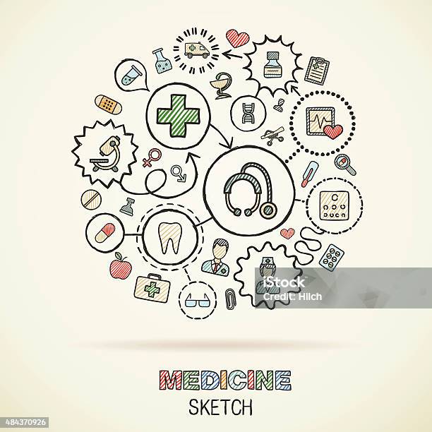 Medicine Hand Draw Connected Sketch Icons Vector Doodle Infographic Illustration Stock Illustration - Download Image Now