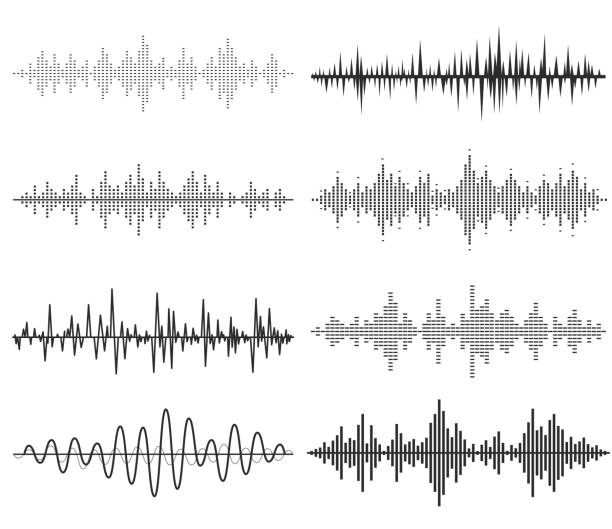 ilustrações de stock, clip art, desenhos animados e ícones de preto de ondas de som de música. tecnologia de áudio, música impulso. - wind instrument audio