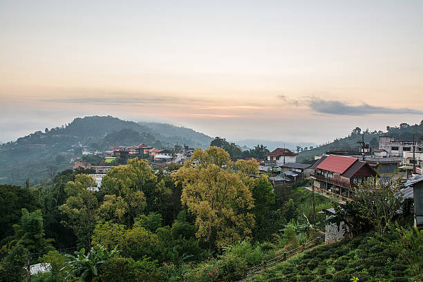 istock sunset at village on high mountain, Doi Mae Salong, 484374730