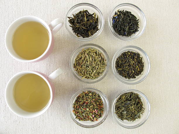 istock Green tea varieties and two cups of tea 484375060