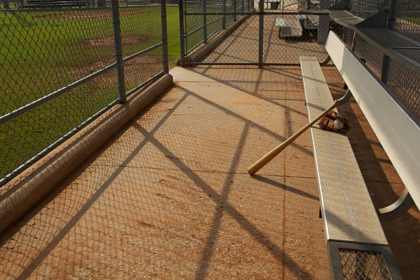 de baseball bat et gant dans le banc de touche - dugout baseball bench bat photos et images de collection