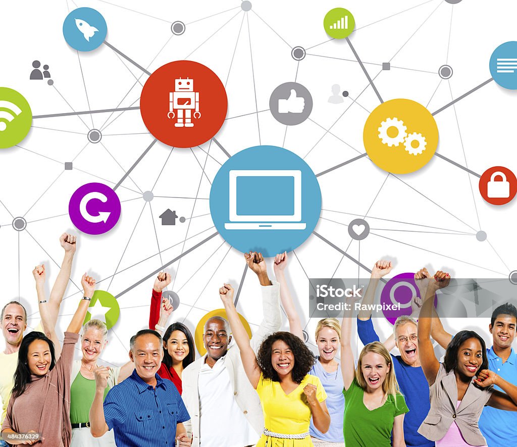 Group Of People Arms Raised And Internet Related Symbols Achievement Stock Photo Group Of People Arms Raised And Internet Related Symbols Achievement Stock Photo