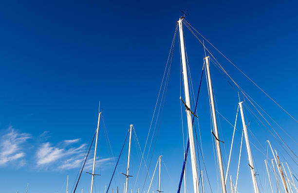 Looking up at the mainmasts of a yacht. Looking up at the mainmasts of a yacht and clear blue sky background. gaff rigged stock pictures, royalty-free photos & images