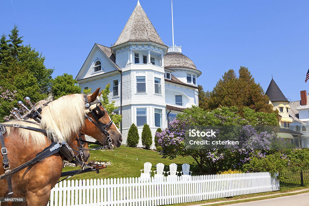 Mackinac Island West Bluff Victorian Cottage A team of horses pulling a carriage pose in front of a victorian home high on West Bluff Road - Riding bikes past these vintage homes is a popular vacation pastime on beautiful Mackinac Island in northern Michigan Mackinac Island Stock Photo