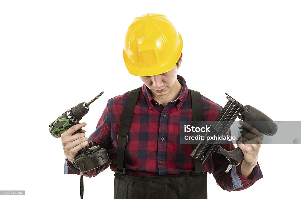 Mann mit powertools auf weißem Hintergrund - Lizenzfrei Ausrüstung und Geräte Stock-Foto