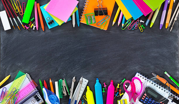 istock School and office supplies double border on blackboard 484380560