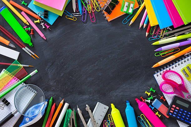 istock School stationery on blackboard framing - back to School 484381628