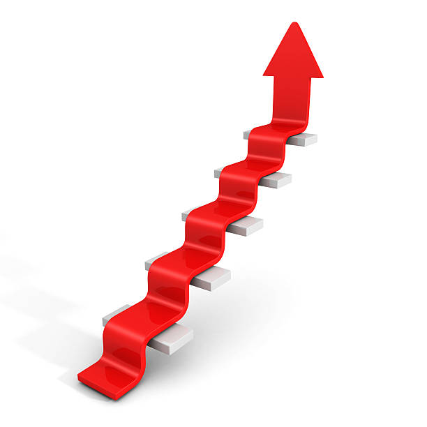 istock Red Arrow Growing Up On Staircase Ladder. Success Concept 484385332