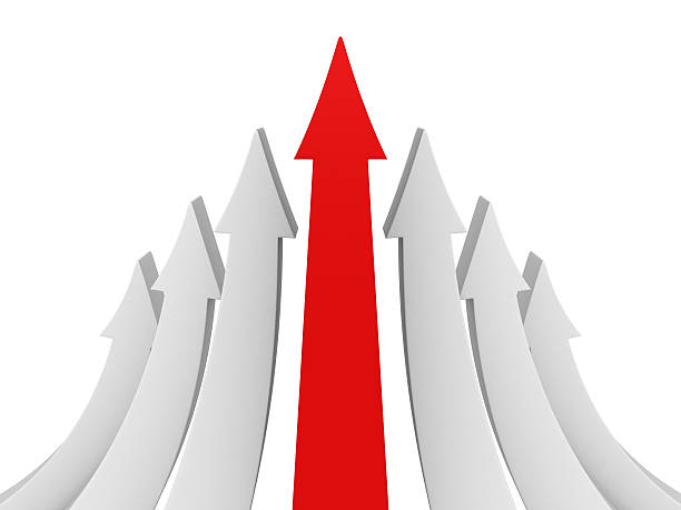 concetto di leadership con grande freccia rossa gruppo di grigio - three dimensional shape leadership arrow sign team foto e immagini stock