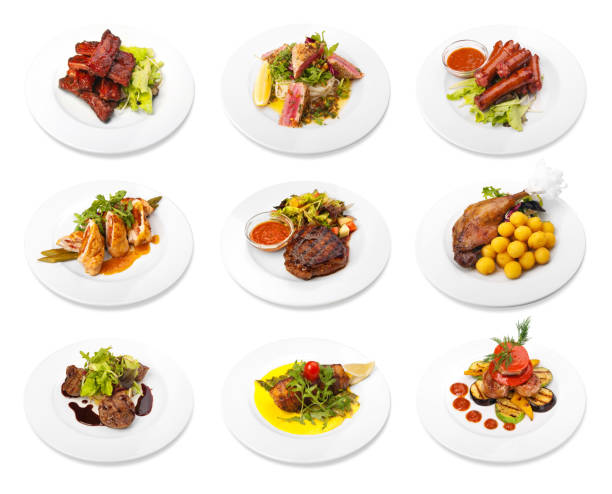 istock Collection of meat dishes on white plates. 484389362