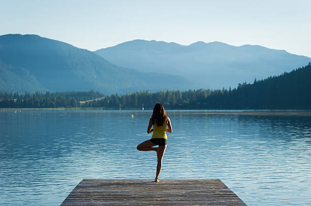 istock Tree Pose Tranquil Lakeside meditation at sunrise 484393306