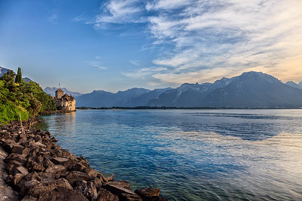 mont blanc with geneva lake mont blanc with geneva lake chateau de chillon stock pictures, royalty-free photos & images