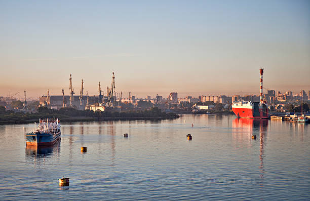 Russian Cargo Ships Docked in Harbor at St. Petersburg, Russia stock photo