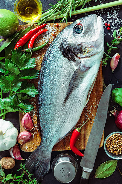 istock Fresh Gilt-head bream with spices and seasoning 484400554