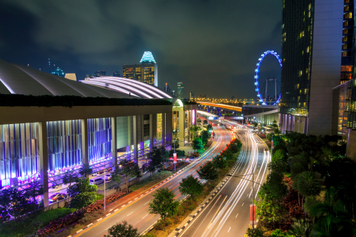 Night Traffic At Urban Road In Singapore City