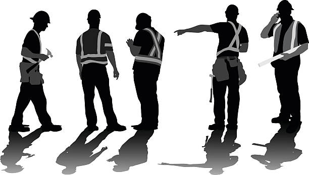 Construction Workers Problem Solving A vector silhouette illustration of a group of contruction workers wearing hard hats, safety vests, and tool belts. blueprint silhouettes stock illustrations