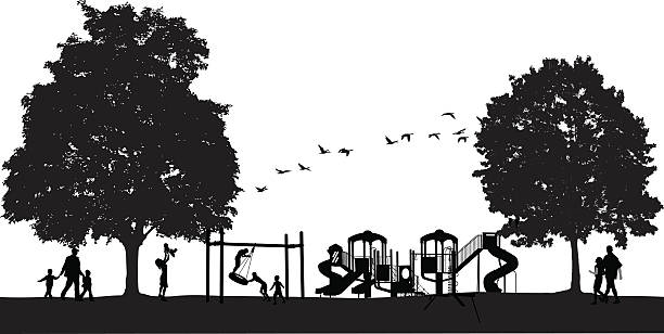 Busy Park Scene With Playground A vector silhouette illustration of a playground in a park with children playing on a tire swing and families near by. swing play equipment stock illustrations