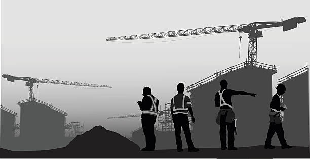 ilustrações, clipart, desenhos animados e ícones de edifício industrial - silhouette crane construction construction site