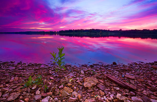 A beautiful pre-dawn sunrise of Longview Lake located just outside of Kansas City with a rocky foreground