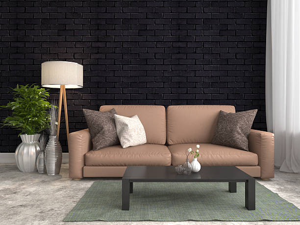 istock interior with brown sofa and breack wall. 3d illustration 484404280